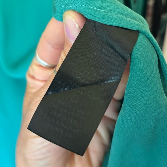 Vintage Kobi Halperin Black Lace Accents Teal Silk Button V Neck Shirt Blouse - Picture 9 of 15